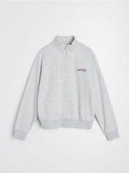 Bluza half-zip z haftowanym napisem z bawełną - szary. Szare bluzy bez kaptura damskie Sinsay, l, z bawełny. Za 49.99 zł.