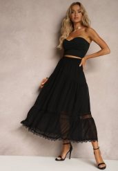 Czarna Spódnica Maxi Rozkloszowana z Ozdobną Tasiemką z Koronki Rionette. Czarne spódniczki damskie Renee, l, bez wzorów, z koronki, eleganckie, maxi, proste. Za 54.99 zł.
