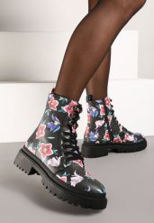 Czarno-Zielone Botki Workery Zdobione Kolorowym Wzorem w Kwiaty Uzilea. Czarne botki damskie Born2be, z jeansu, eleganckie, bez obcasa, na obcasie, bez zapięcia. Za 169.99 zł.