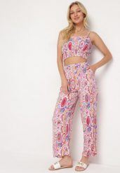 Różowy Boho Komplet z Wiskozy Top na Ramiączkach z Gumką Szerokie Spodnie Palazzo Lereri. Czerwone spodnie materiałowe damskie Born2be, bez wzorów, ze skóry, boho. Za 79.99 zł.