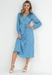 Niebieska Kopertowa Sukienka Midi w Geometryczny Print Zese. Niebieskie sukienki damskie Born2be, s, bez wzorów, z materiału, bez kołnierzyka, bez ramiączek, midi, kopertowe. W wyprzedaży za 159.99 zł.