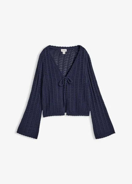 Kardigan w ażurowy wzór. Niebieskie kardigany damskie bonprix, w ażurowe wzory. Za 129.99 zł.
