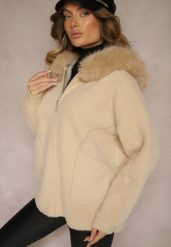 Beżowa Bluza z Wełną z Kapturem i Kieszeniami Ozdobiona Futerkiem Siliti. Brązowe bluzy z kapturem damskie Renee, na zimę, l, z jeansu. Za 169.99 zł.