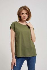Bawełniany t-shirt oliwkowy. Zielone t-shirty damskie MOODO, xs, bez wzorów, z bawełny, bez kołnierzyka. W wyprzedaży za 17.49 zł.