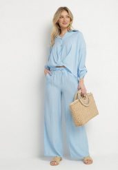 Jasnoniebieski Wiskozowy Komplet Oversize Koszula i Spodnie z Gumką w Talii Natilira. Niebieskie koszule damskie Born2be, bez wzorów, z wiskozy, biznesowe. Za 159.99 zł.