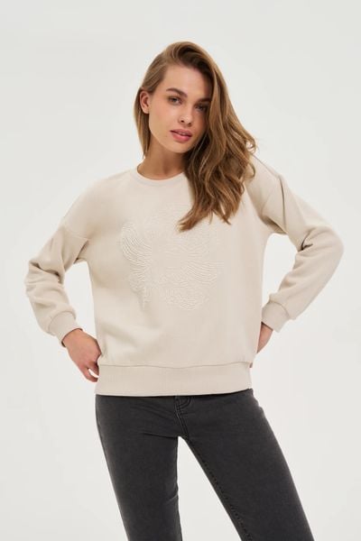 Bluza z aplikacją beżowa. Brązowe bluzy bez kaptura damskie MOODO, l, z bawełny. Za 139.99 zł.