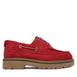 Półbuty Tommy Jeans. Czerwone półbuty damskie Tommy Jeans, bez wzorów, z jeansu, bez obcasa, na płaskiej podeszwie. Za 569.99 zł.