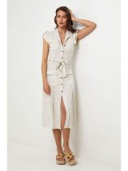 Lin Passion Lniana sukienka w kolorze kremowym rozmiar: 34/36. Brązowe sukienki damskie Lin Passion, na co dzień, bez wzorów, ze lnu, klasyczne, bez kołnierzyka, bez ramiączek, midi, proste. Za 141.85 zł.