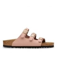 Birkenstock Skórzane klapki "Florida" w kolorze jasnoróżowym rozmiar: 38. Różowe klapki damskie Birkenstock, bez wzorów, z nubiku, bez obcasa. Za 438.21 zł.