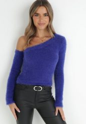 Granatowy Sweter na Jedno Ramię Yile. Niebieskie swetry klasyczne damskie Born2be, z jeansu, z asymetrycznym kołnierzem. Za 129.99 zł.