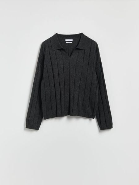 Sweter polo z wełną - ciemnoszary. Szare swetry klasyczne damskie Reserved, l, z dzianiny, bez kołnierzyka. Za 149.99 zł.