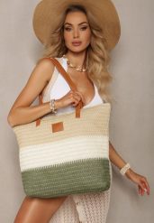 Beżowo-Zielona Jednokomorowa Torebka Tote Ozdobiona Plecionką Elwing. Zielone shopper bag damskie Renee, bez wzorów, z jeansu, bez dodatków. Za 49.99 zł.