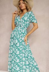 Zielona Wiskozowa Sukienka z Kopertowym Dekoltem z Gumką w Pasie i Materiałowym Dekoltem Gilemia. Zielone sukienki damskie Renee, na co dzień, l, bez wzorów, z jeansu, eleganckie, bez kołnierzyka, bez ramiączek, maxi, dopasowane. Za 69.99 zł.