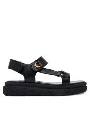 Guess Sandały FLJLAN ELE03 Czarny. Czarne sandały damskie Guess, z aplikacjami, ze skóry, bez obcasa, na płaskiej podeszwie. Za 379.99 zł.