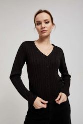 Sweter ozdobiony metaliczną nitką czarny. Czarne swetry klasyczne damskie MOODO, l, bez kołnierzyka. W wyprzedaży za 35.99 zł.