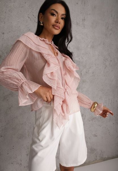 Różowa Bluzka z Lyocellem w Stylu Boho z Wiązaniem pod Szyją i Falbanami Tasimi. Czerwone bluzki damskie Renee, l, bez wzorów, z jeansu, boho, bez kołnierzyka, bez ramiączek. Za 89.99 zł.