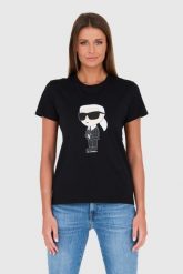 KARL LAGERFELD Czarny t-shirt Karl. Czarne t-shirty damskie Karl Lagerfeld, s, bez wzorów, bez kołnierzyka. W wyprzedaży za 220.99 zł.