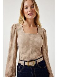 Happiness Istanbul Bluzka w kolorze beżowym rozmiar: 42. Brązowe bluzki damskie Happiness Istanbul, bez wzorów, bez kołnierzyka, bez ramiączek. Za 56.99 zł.