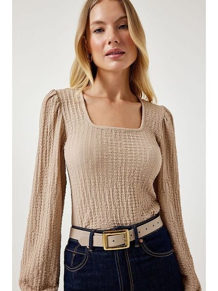 Happiness Istanbul Bluzka w kolorze beżowym rozmiar: 42. Brązowe bluzki damskie Happiness Istanbul, bez wzorów, bez kołnierzyka, bez ramiączek. Za 56.99 zł.