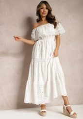 Biała Bawełniana Sukienka Hiszpanka Ażurowa Maxi z Falbankami i Koronką Telavia. Białe sukienki damskie Renee, z aplikacjami, z bawełny, bez kołnierzyka, bez ramiączek, maxi. Za 109.99 zł.