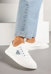 Biało-Niebieskie Tenisówki z Cholewką z Perforacją i Ozdobną Aplikacją Emmio. Białe trampki i tenisówki damskie Renee, z aplikacjami, z jeansu. Za 44.99 zł.