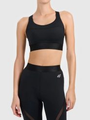 Biustonosz treningowy ze średnim wsparciem damski. Czarne biustonosze sportowe damskie 4f, bez wzorów, z gumy. Za 169.99 zł.