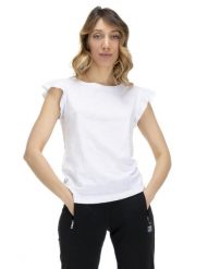 T-shirt damski z falbaną w kolorach ziemi. Białe t-shirty damskie LEONE 1947 APPAREL, l, bez wzorów, z bawełny, bez kołnierzyka. Za 42.06 zł.