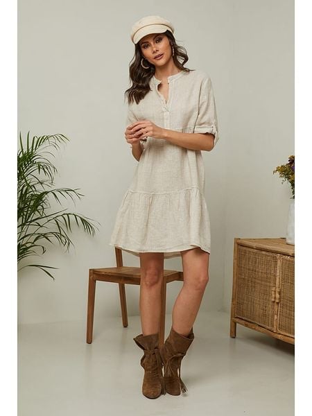 Fleur de Lin Lniana sukienka "Gabin" w kolorze beżowym rozmiar: S. Brązowe sukienki damskie Fleur de Lin, na co dzień, s, bez wzorów, ze lnu, bez kołnierzyka, bez ramiączek, mini, proste. Za 130.50 zł.