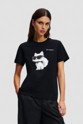 KARL LAGERFELD Czarny t-shirt damski Ikon Aquarelle K. Czarne t-shirty damskie Karl Lagerfeld, s, bez wzorów, bez kołnierzyka. W wyprzedaży za 249.99 zł.