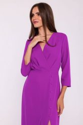 Elegancka sukienka rozkloszowana kopertowy dekolt lawenda. Sukienki damskie Stylove, l, bez wzorów, z elastanu, eleganckie, bez kołnierzyka, bez ramiączek, dopasowane. Za 359.00 zł.