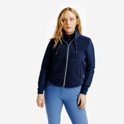 Bluza jeździecka damska 500 ciepła. Niebieskie bluzy z kapturem damskie FOUGANZA, na jesień, s, z materiału. Za 99.99 zł.