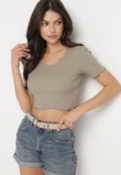 Ciemnozielony Prążkowany T-shirt z Bawełną Adlesa. Zielone t-shirty damskie Born2be, l, bez wzorów, z bawełny, bez kołnierzyka. Za 39.99 zł.