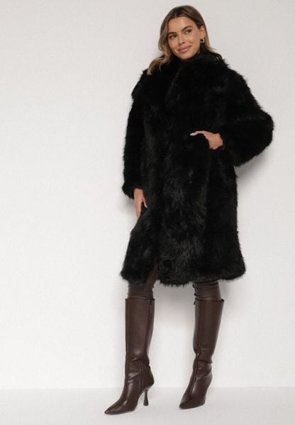 Czarny Jednorzędowy Płaszcz Futro z Szerokim Kołnierzem Wedinalia. Czarne futra damskie Born2be, l, bez wzorów, z futra, biznesowe. Za 314.99 zł.