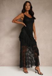 Czarna Koronkowa Sukienka na Ramiączkach Ozdobiona Falbankami Silurelle. Czarne sukienki damskie Renee, na co dzień, na lato, l, bez wzorów, z jeansu, bez kołnierzyka, bez ramiączek, maxi, proste. Za 159.99 zł.
