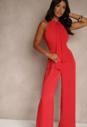 Czerwony Kombinezon Wide Leg z Ozdobnym Wiązaniem przy Szyi Silelia. Czerwone kombinezony damskie Renee, l, bez wzorów, eleganckie, bez kołnierzyka, bez ramiączek. Za 99.99 zł.