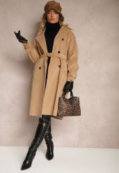Brązowy Dwurzędowy Płaszcz Trencz o Eleganckim Kroju z Paskiem Edioneta. Brązowe płaszcze damskie Renee, l, bez wzorów, z jeansu, biznesowe. Za 219.99 zł.