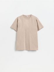 T-shirt regular z bawełny merceryzowanej - beżowy. Brązowe t-shirty męskie Reserved, l, bez wzorów, z bawełny, bez kołnierzyka. Za 99.99 zł.