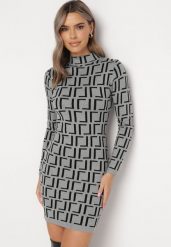 Szara Sukienka Mini ze Sweterkowego Materiału w Geometryczny Wzór Lenikes. Szare sukienki damskie Born2be, bez wzorów, z bawełny, bez kołnierzyka, bez ramiączek, mini. W wyprzedaży za 71.99 zł.