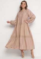 Ciemnobeżowa Rozkloszowana Sukienka z Wiskozy z Koronkowymi Wstawkami Nalanieth. Brązowe sukienki damskie Born2be, na co dzień, l, bez wzorów, z koronki, eleganckie, bez kołnierzyka, bez ramiączek, maxi, kopertowe. W wyprzedaży za 143.99 zł.