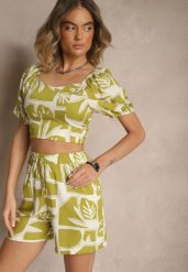 Zielony Wiskozowy Komplet w Roślinny Wzór Szorty i Bluzka Felindera. Zielone szorty damskie Renee, bez wzorów, z wiskozy, eleganckie. Za 49.99 zł.