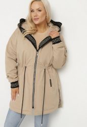 Ciemnobeżowa Kurtka Parka z Kapturem Ściągana w Talii Troczkami Velamira. Brązowe kurtki damskie Born2be, xl, bez wzorów, z materiału, z kapturem. Za 89.99 zł.