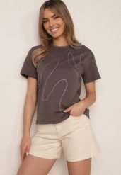 Ciemnoszary Bawełniany T-shirt Ozdobiony Cyrkoniami Monomene. Szare t-shirty damskie Born2be, m, z aplikacjami, z bawełny, bez kołnierzyka. Za 59.99 zł.