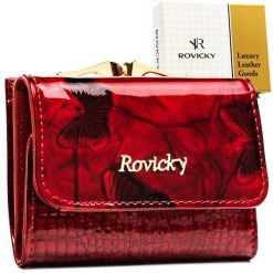 Mały, czerwony portfel damski ze skóry naturalnej z systemem RFID - Rovicky. Czerwone portfele damskie bez wzorów, ze skóry. Za 52.00 zł.