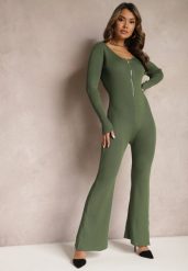 Zielony Kombinezon Bodycon z Prążkowanej Wiskozy ze Spodniami Typu Dzwony i Suwakiem Lavirna. Zielone kombinezony damskie Renee, uniwersalny, bez wzorów, prążkowane, eleganckie, bez kołnierzyka, bez ramiączek. Za 119.99 zł.