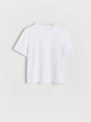 T-shirt regular z merceryzowanej bawełny - biały. Białe t-shirty damskie Reserved, l, bez wzorów, z bawełny, bez kołnierzyka. Za 79.99 zł.