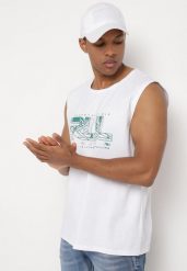 Biała Koszulka z Bawełny bez Rękawów z Ozdobnym Nadrukiem Aanesa. Białe t-shirty sportowe męskie Born2be, m, z bawełny, bez ramiączek. Za 39.99 zł.