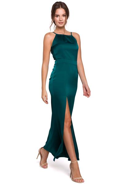 Zielona Maxi Sukienka z Dekoltem Holter Neck. Zielone sukienki damskie MAKEOVER, l, bez wzorów, z elastanu, wizytowe, bez kołnierzyka, bez ramiączek, maxi. Za 224.90 zł.