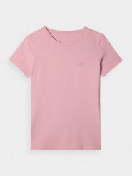 4F T-shirt slim gładki damski - różowy XL. Czerwone t-shirty damskie 4f, xl, bez wzorów, z bawełny, bez kołnierzyka. Za 39.99 zł.