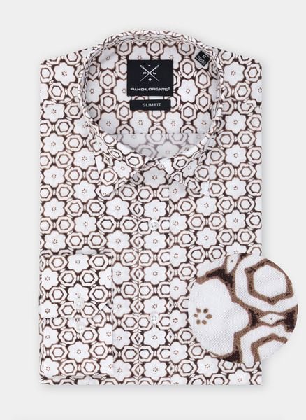 PAKO LORENTE – Koszula męska w brązowy wzór P22SF-1X-004-A-S. Brązowe koszule męskie Pako Lorente, l, bez wzorów, z bawełny, bez kołnierzyka, bez ramiączek. Za 69.99 zł.