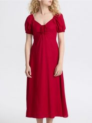 Sukienka midi z dodatkiem lnu - czerwony. Czerwone sukienki damskie Reserved, l, bez wzorów, z wiskozy, bez kołnierzyka, bez ramiączek, midi, rozkloszowane. Za 159.99 zł.
